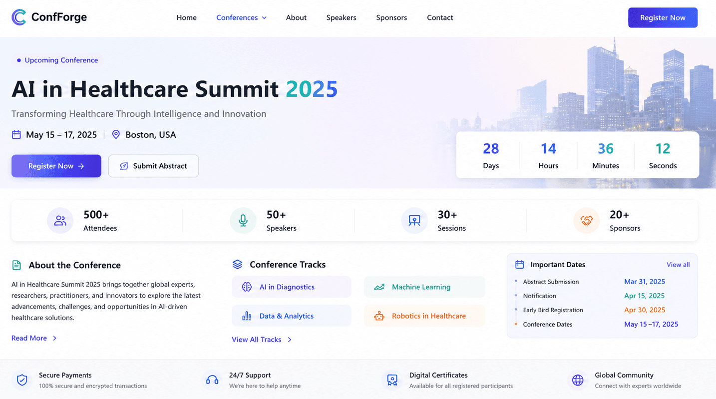 ConfForge conference landing page for AI in Healthcare Summit 2025